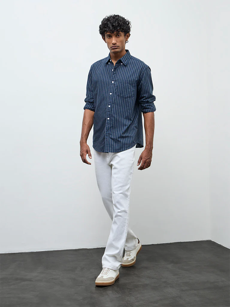 WES Casuals Navy Pinstriped Relaxed Fit Cotton Shirt - Image 2