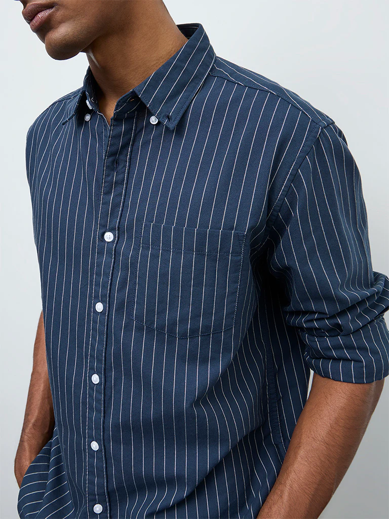 WES Casuals Navy Pinstriped Relaxed Fit Cotton Shirt - Image 3