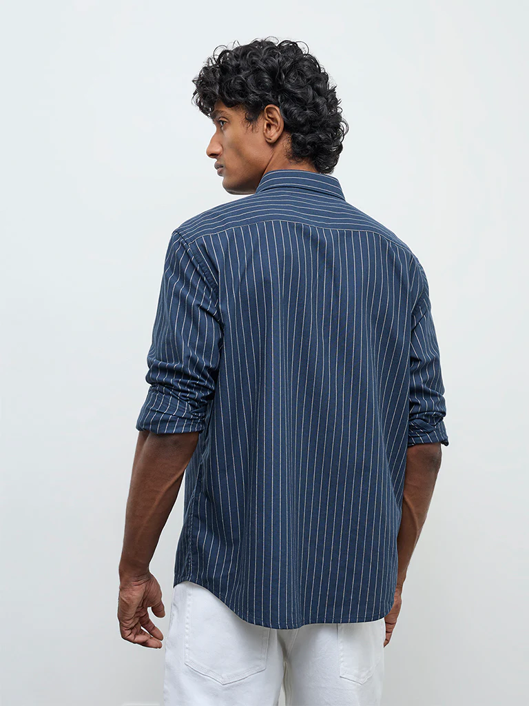WES Casuals Navy Pinstriped Relaxed Fit Cotton Shirt - Image 4
