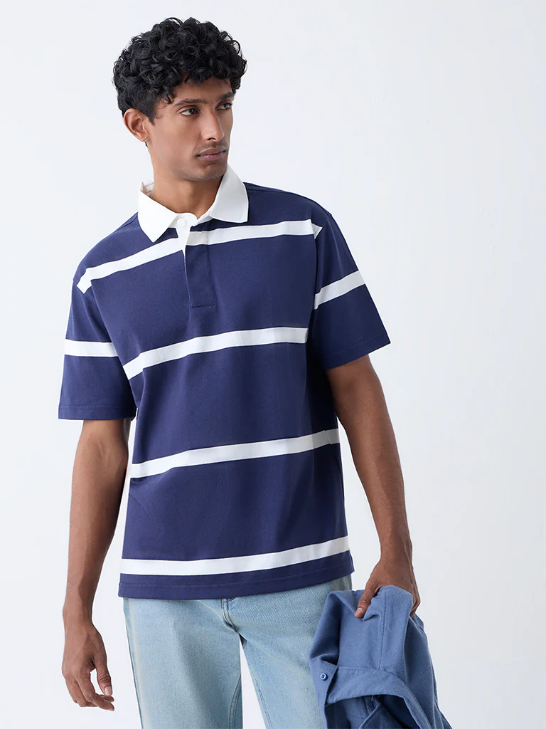 WES Casuals Navy Relaxed Fit Cotton-Blend Polo T-Shirt - Image 2