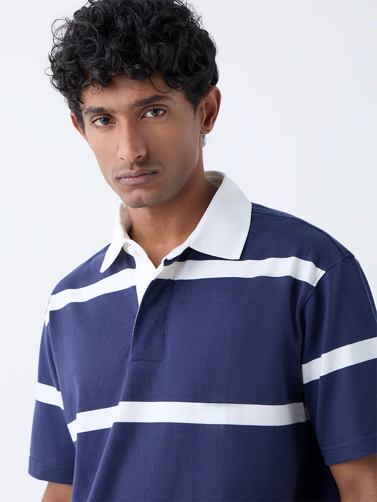 WES Casuals Navy Relaxed Fit Cotton-Blend Polo T-Shirt - Image 3