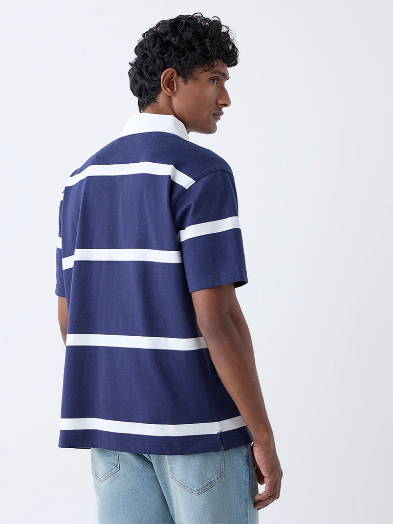 WES Casuals Navy Relaxed Fit Cotton-Blend Polo T-Shirt - Image 4