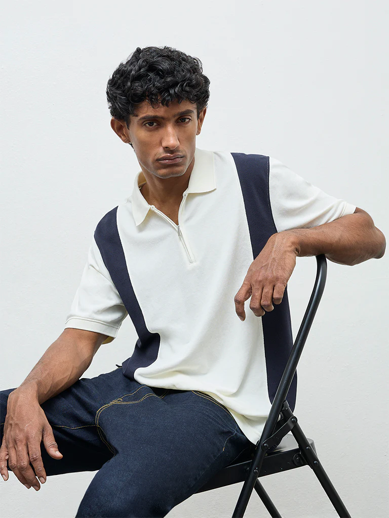 WES Casuals Navy Relaxed-Fit Cotton-Blend Quarter-Zip Polo T-Shirt