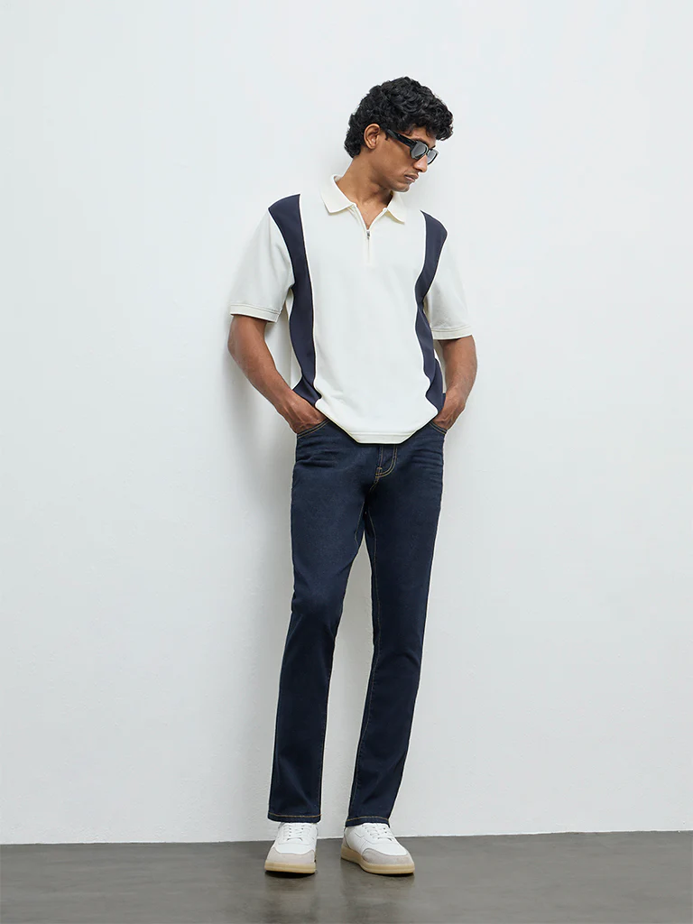 WES Casuals Navy Relaxed-Fit Cotton-Blend Quarter-Zip Polo T-Shirt - Image 3