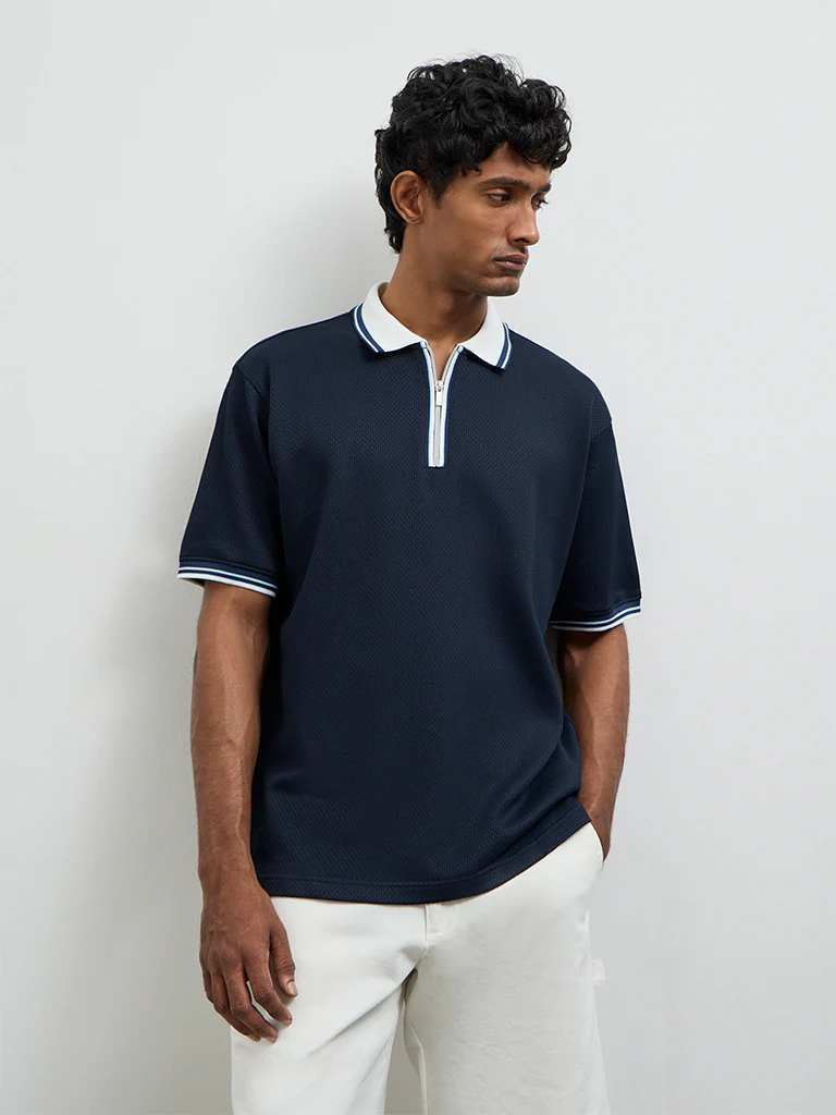 WES Casuals Navy Relaxed-Fit Cotton-Blend Quarter-Zip Polo T-Shirt