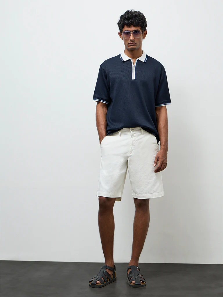 WES Casuals Navy Relaxed-Fit Cotton-Blend Quarter-Zip Polo T-Shirt - Image 3