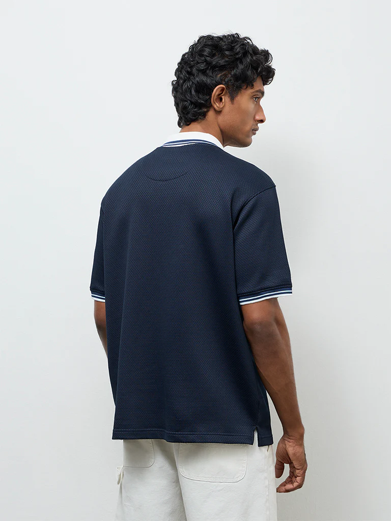 WES Casuals Navy Relaxed-Fit Cotton-Blend Quarter-Zip Polo T-Shirt - Image 5