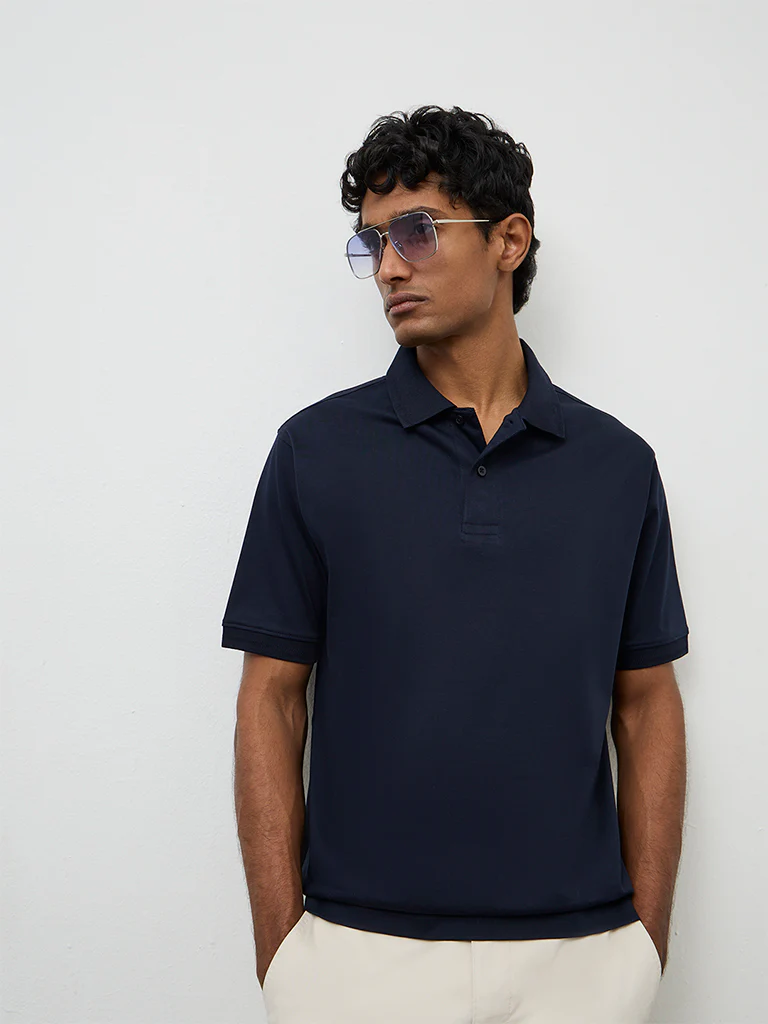 WES Casuals Navy Relaxed-Fit Cotton Polo T-Shirt - Image 3