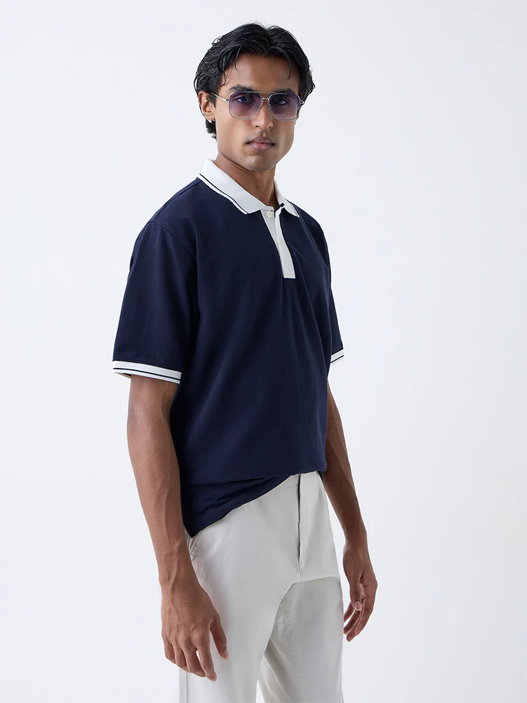WES Casuals Navy Self Relaxed-Fit Cotton-Blend Polo T-Shirt - Image 3