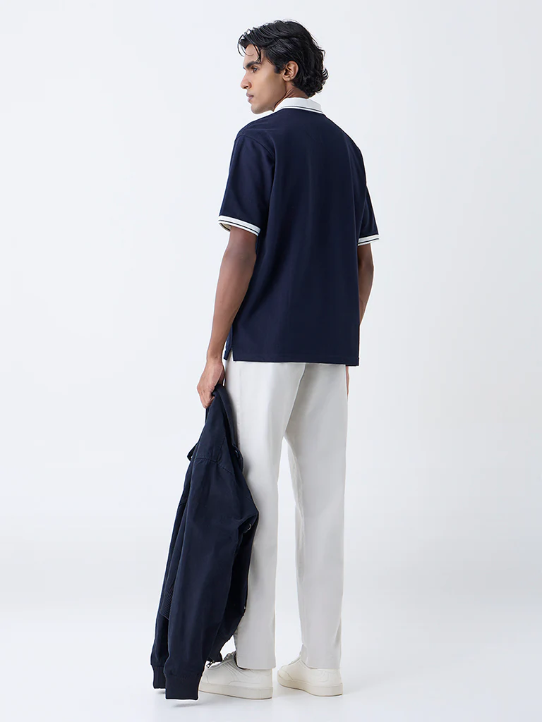 WES Casuals Navy Self Relaxed-Fit Cotton-Blend Polo T-Shirt - Image 5