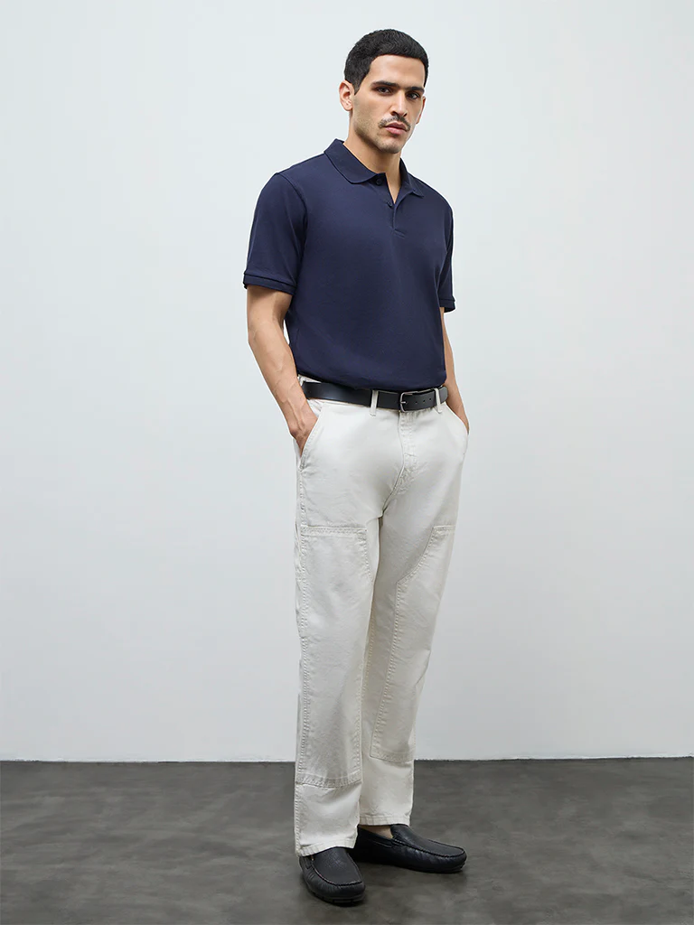 WES Casuals Navy Solid Relaxed-Fit Cotton-Blend Polo T-Shirt - Image 3