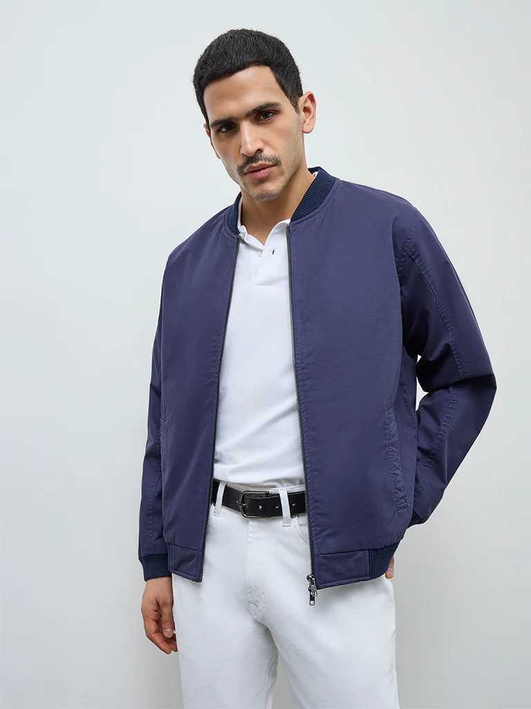 WES Casuals Navy Solid Relaxed-Fit Cotton Jacket