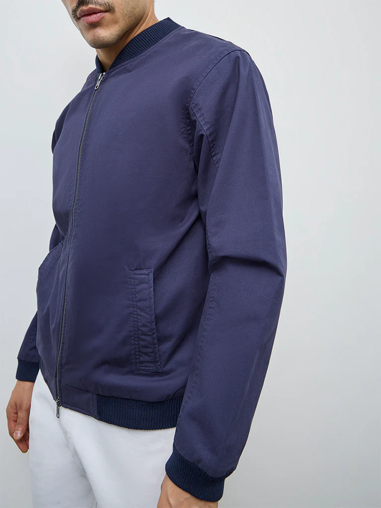 WES Casuals Navy Solid Relaxed-Fit Cotton Jacket - Image 4