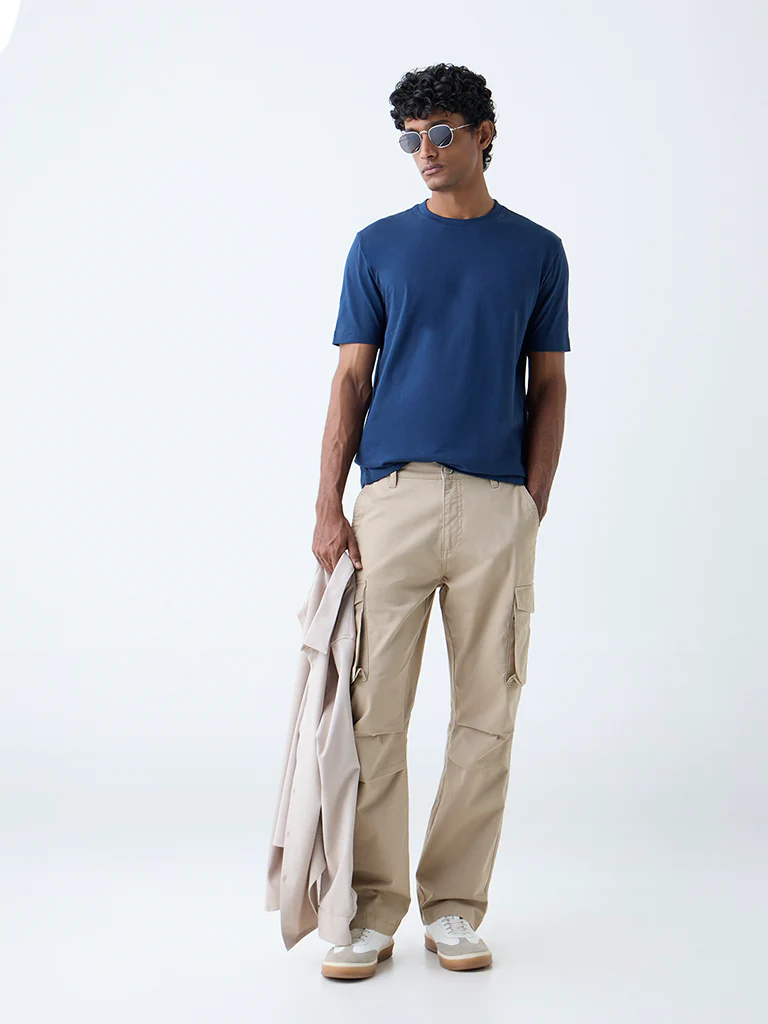 WES Casuals Navy Solid Slim-Fit Cotton T-Shirt - Image 3