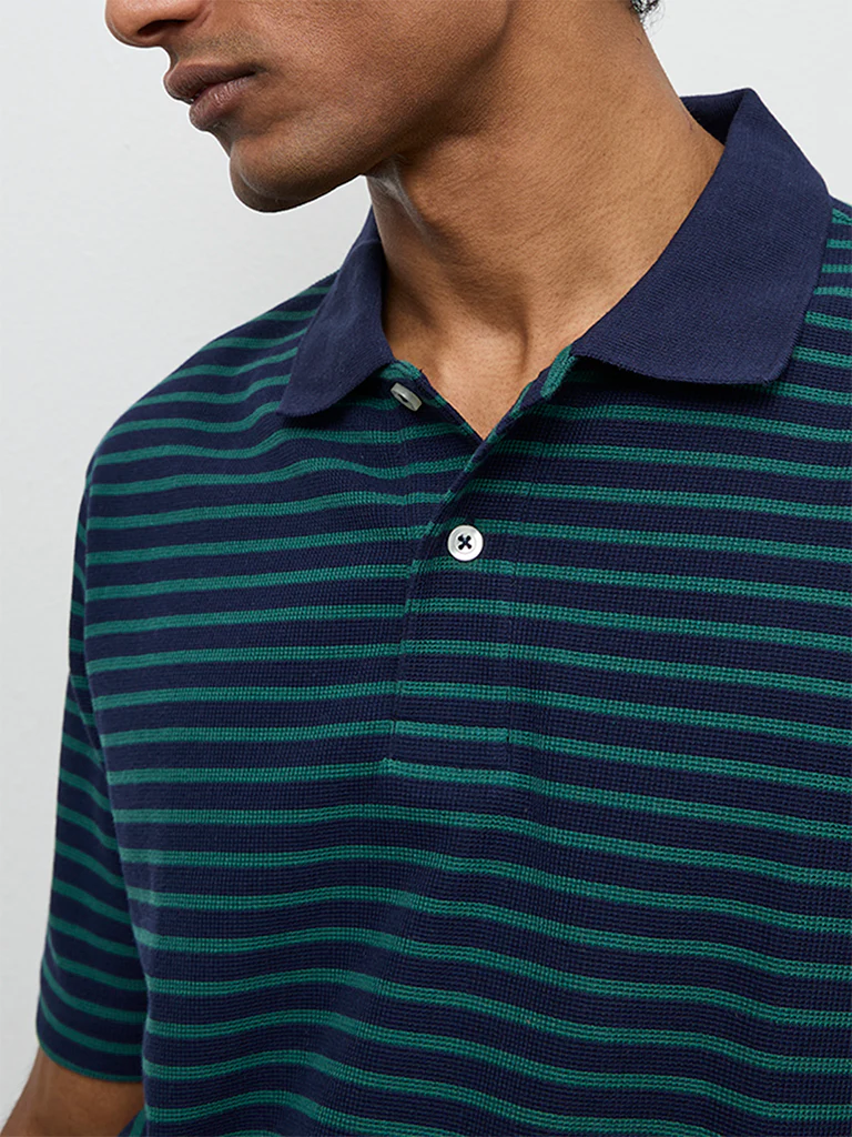 WES Casuals Navy Stripe-Printed Relaxed-Fit Polo T-Shirt - Image 4