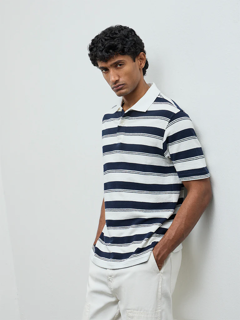 WES Casuals Navy Striped Relaxed-Fit Cotton-Blend Polo T-Shirt