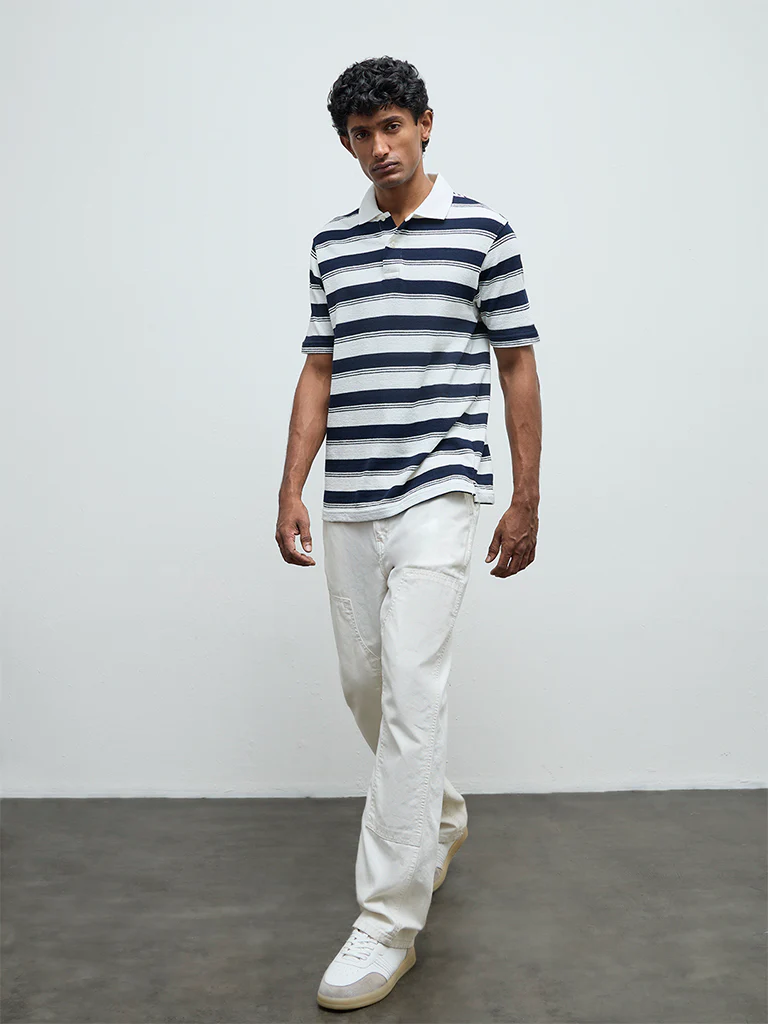 WES Casuals Navy Striped Relaxed-Fit Cotton-Blend Polo T-Shirt - Image 3
