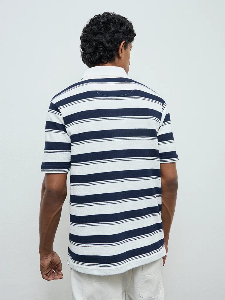 WES Casuals Navy Striped Relaxed-Fit Cotton-Blend Polo T-Shirt - Image 5
