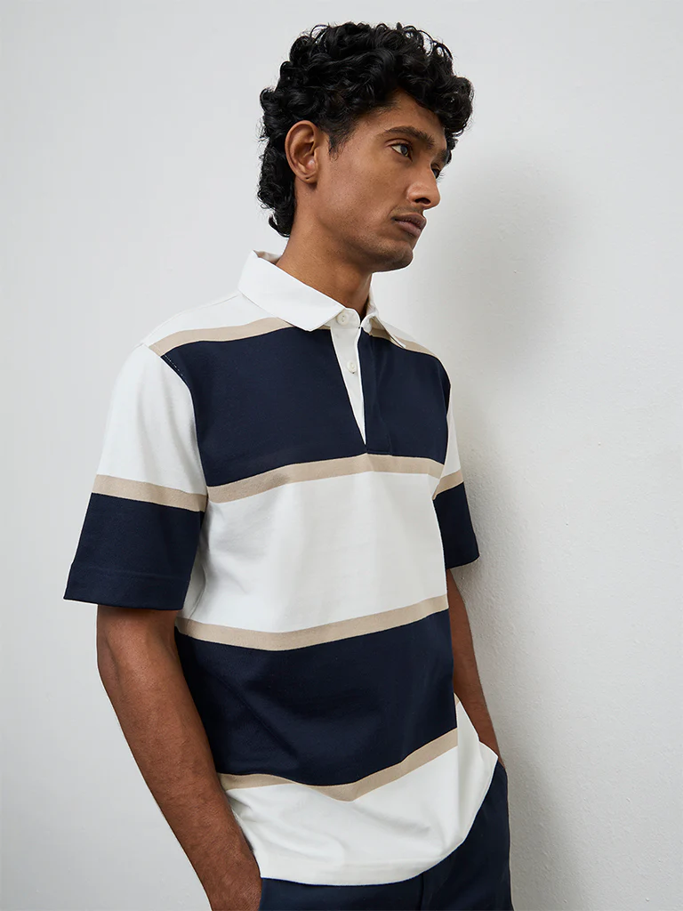 WES Casuals Navy Striped Relaxed Fit Polo Cotton-Blend T-Shirt