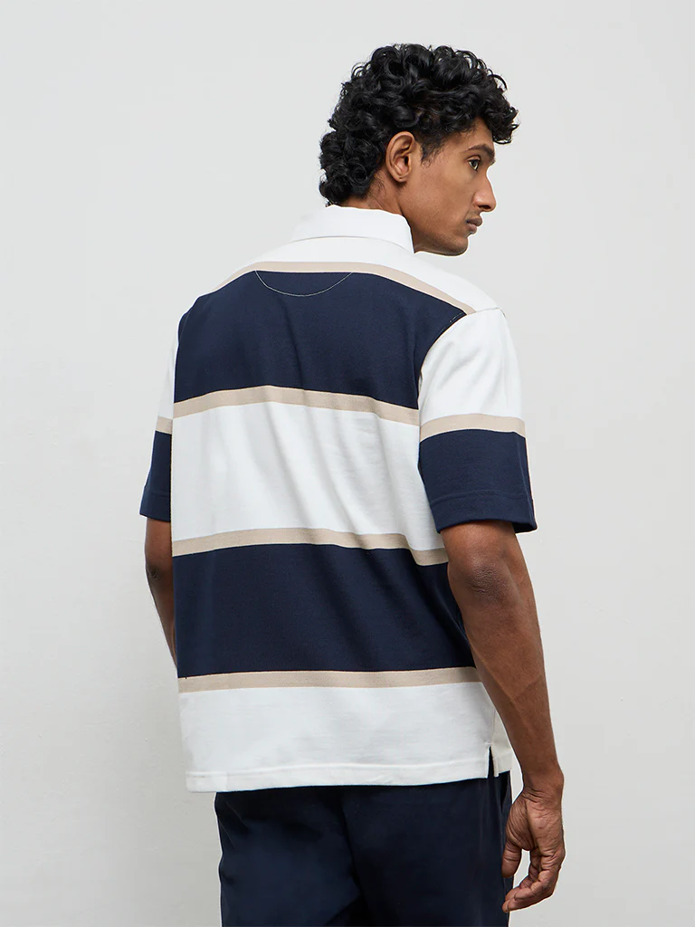 WES Casuals Navy Striped Relaxed Fit Polo Cotton-Blend T-Shirt - Image 5