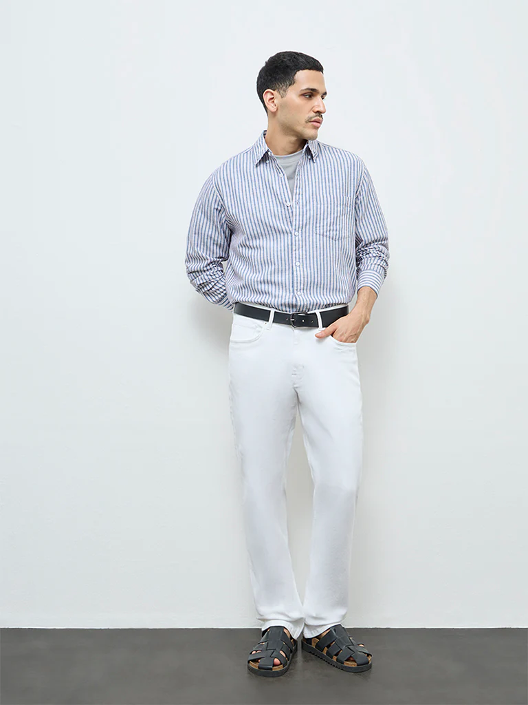 WES Casuals Navy Striped Relaxed-Fit Cotton-Blend Shirt - Image 2