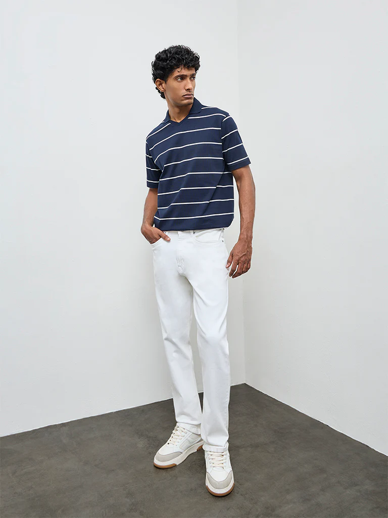 WES Casuals Navy Striped Relaxed Fit Cotton-Blend T-Shirt - Image 2