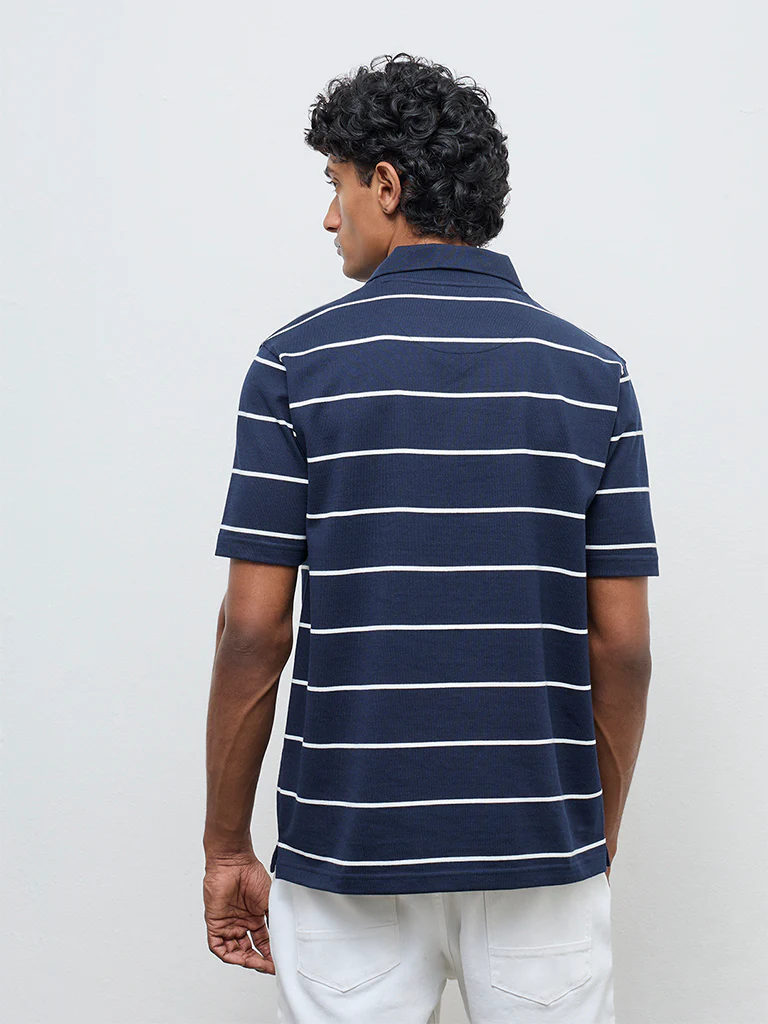WES Casuals Navy Striped Relaxed Fit Cotton-Blend T-Shirt - Image 4
