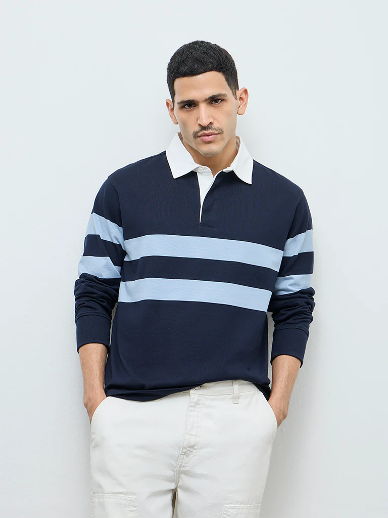 WES Casuals Navy Striped Relaxed-Fit Cotton Polo T-Shirt