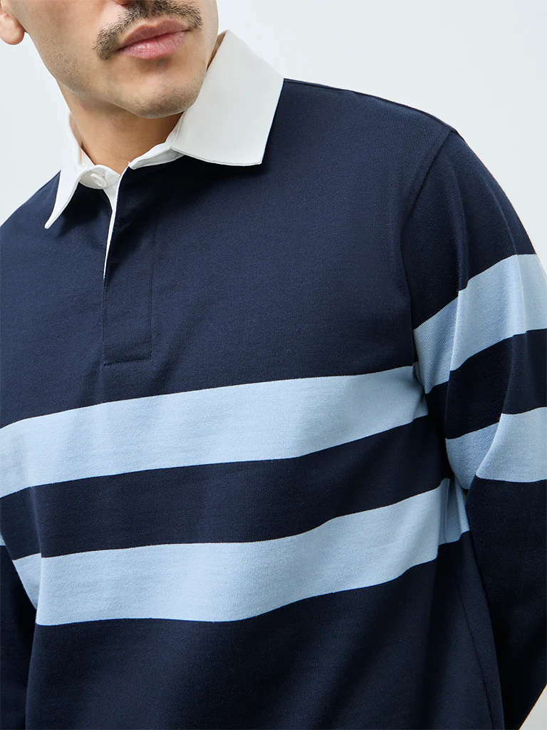 WES Casuals Navy Striped Relaxed-Fit Cotton Polo T-Shirt - Image 4