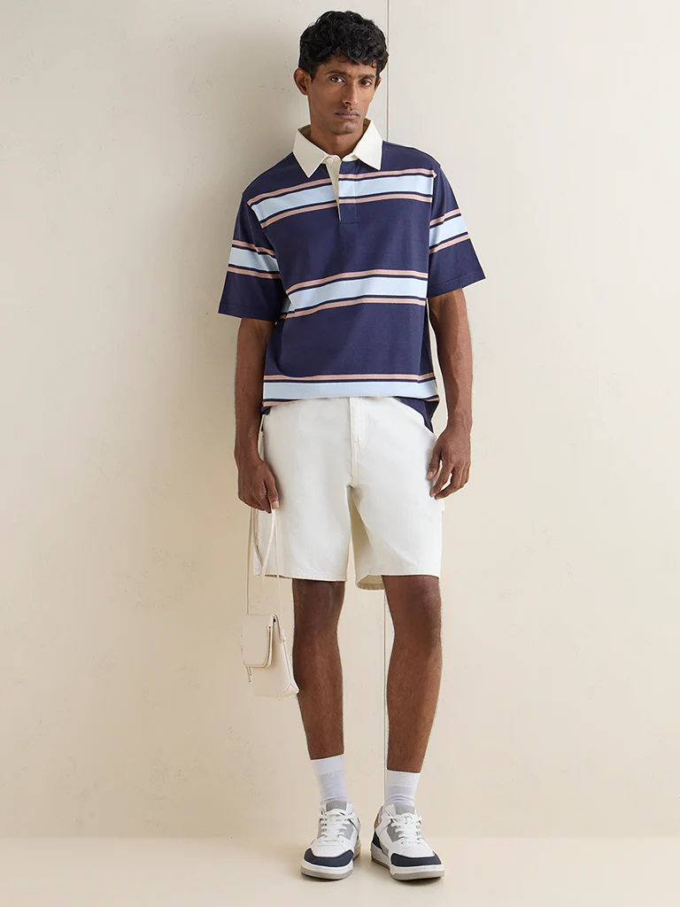 WES Casuals Navy Striped Relaxed-Fit Cotton Polo T-Shirt - Image 2