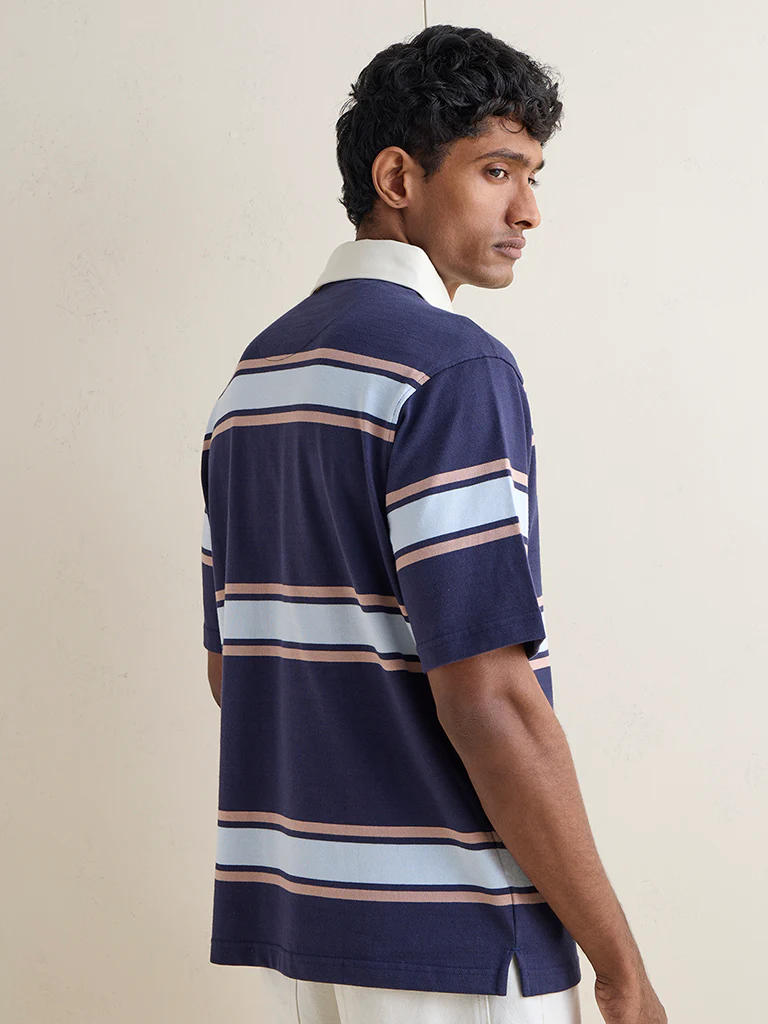 WES Casuals Navy Striped Relaxed-Fit Cotton Polo T-Shirt - Image 4