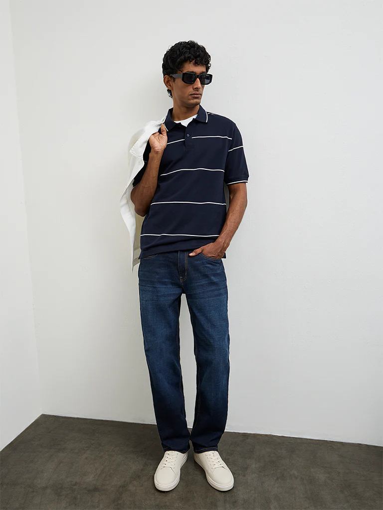 WES Casuals Navy Striped Relaxed-Fit Cotton Polo T-Shirt