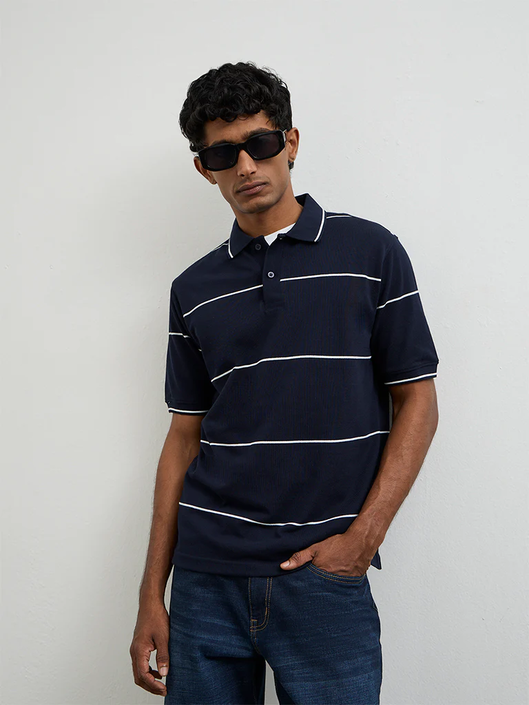 WES Casuals Navy Striped Relaxed-Fit Cotton Polo T-Shirt - Image 2