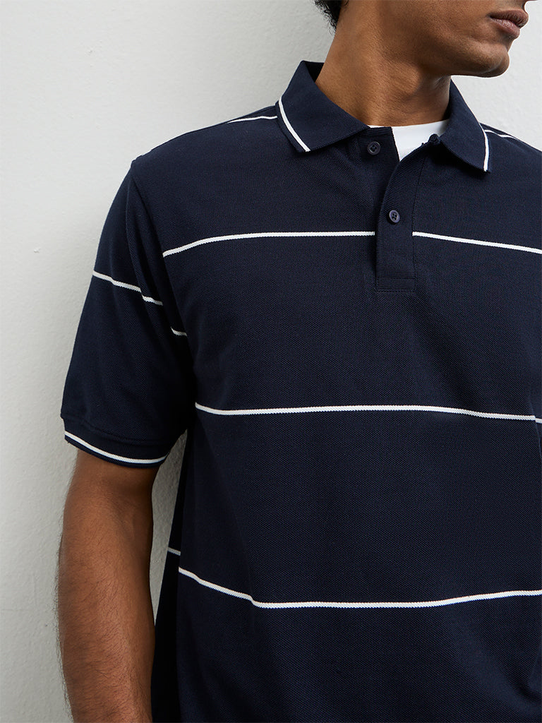WES Casuals Navy Striped Relaxed-Fit Cotton Polo T-Shirt - Image 3