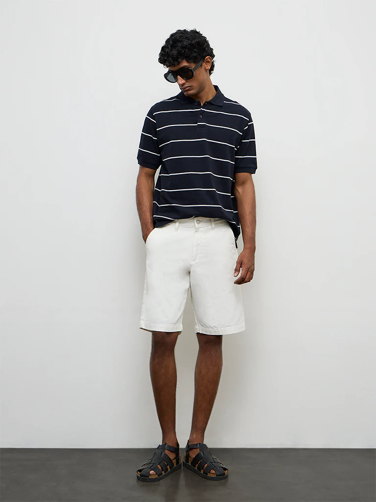 WES Casuals Navy Striped Relaxed-Fit Cotton Polo T-Shirt