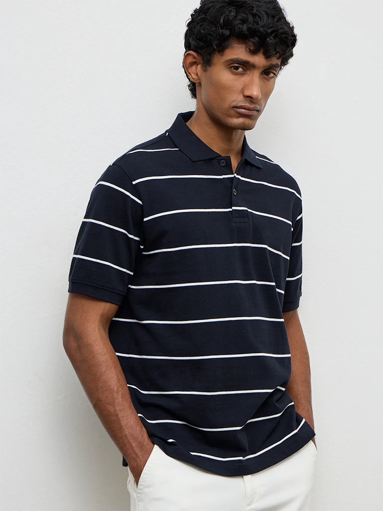 WES Casuals Navy Striped Relaxed-Fit Cotton Polo T-Shirt - Image 3
