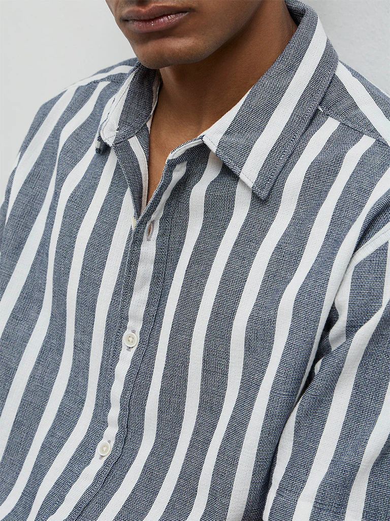 WES Casuals Navy Striped Relaxed Fit Cotton Shirt - Image 3