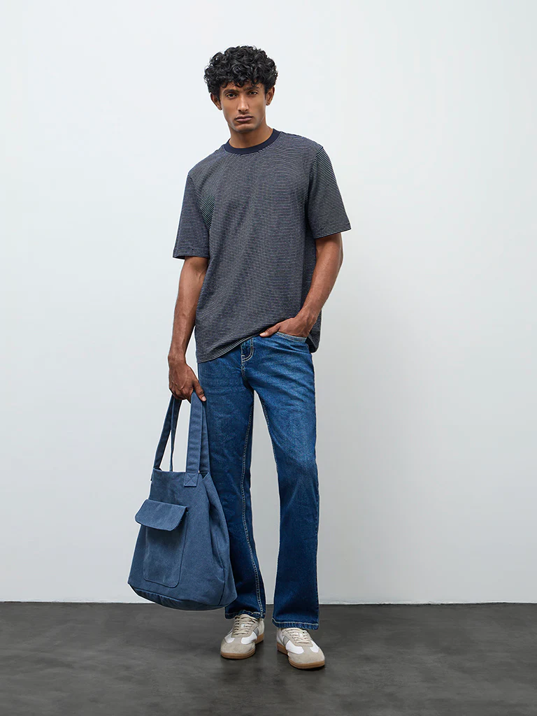 WES Casuals Navy Striped Relaxed Fit Cotton T-Shirt