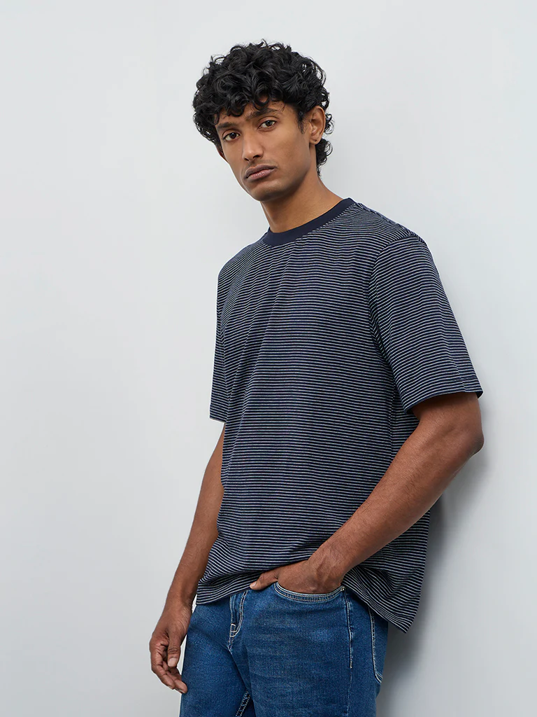 WES Casuals Navy Striped Relaxed Fit Cotton T-Shirt - Image 3