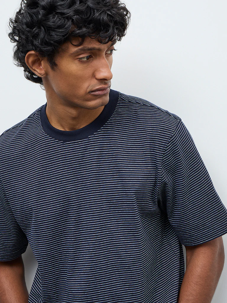 WES Casuals Navy Striped Relaxed Fit Cotton T-Shirt - Image 4