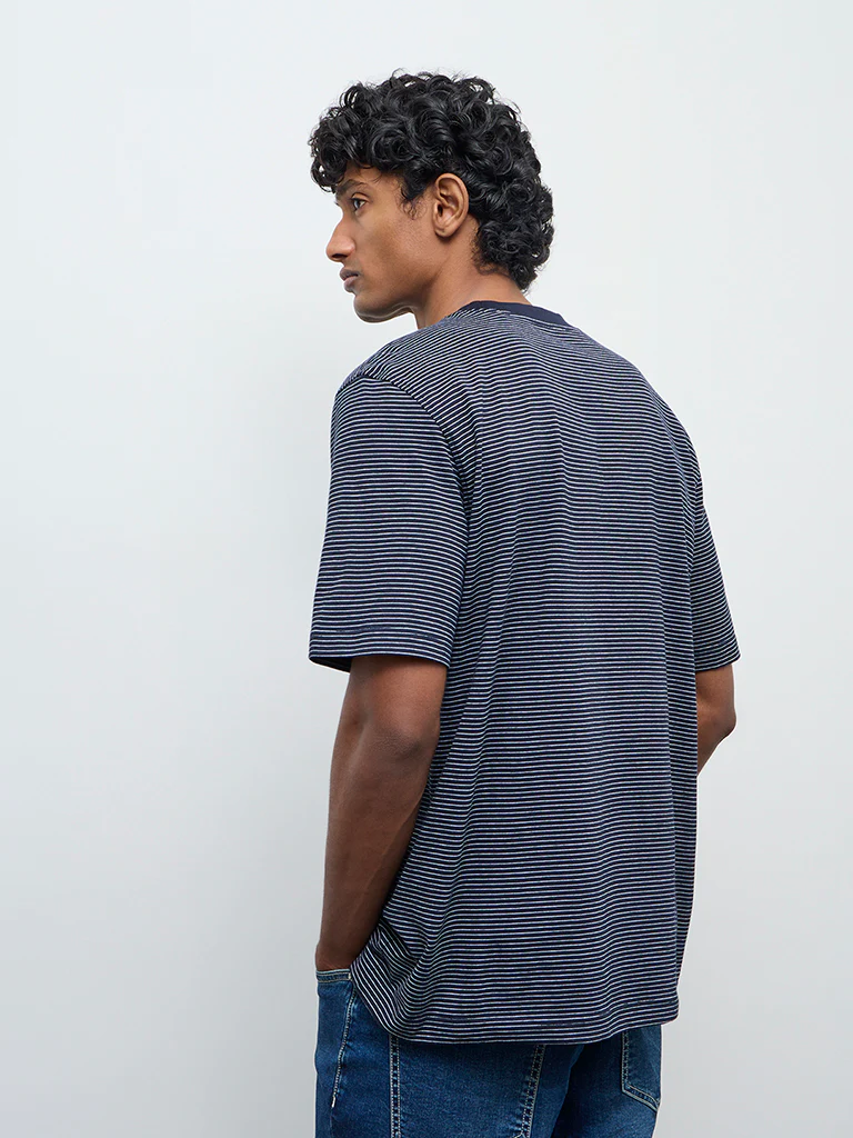 WES Casuals Navy Striped Relaxed Fit Cotton T-Shirt - Image 5