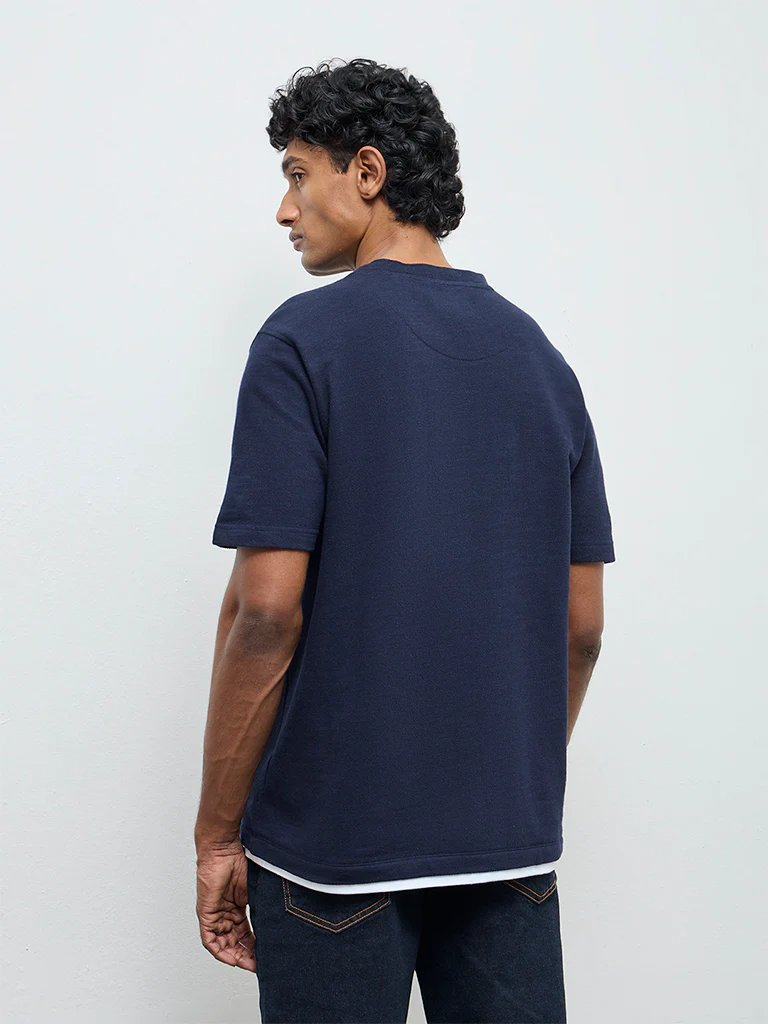 WES Casuals Navy Textured Relaxed Fit Cotton T-Shirt - Image 5