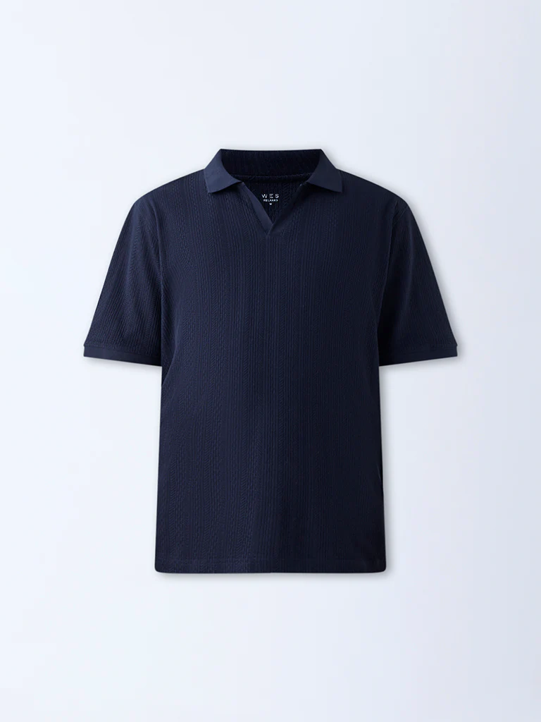 WES Casuals Navy Textured Relaxed-Fit Polo T-Shirt - Image 6