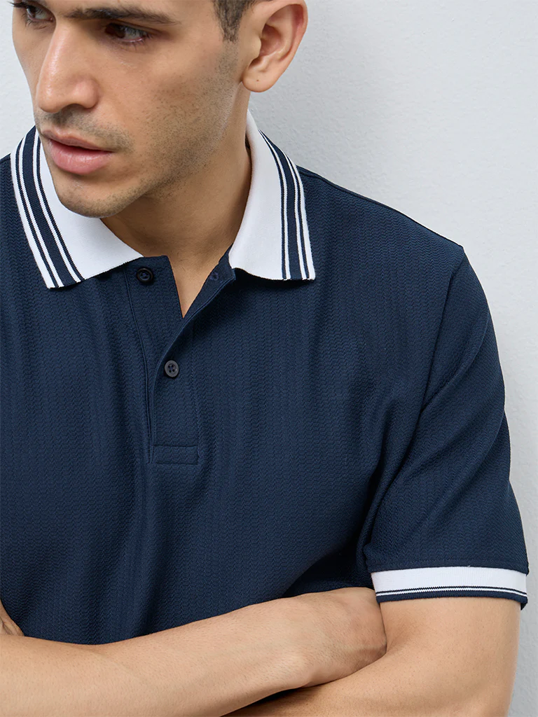 WES Casuals Navy Textured Relaxed-Fit Polo T-Shirt - Image 4