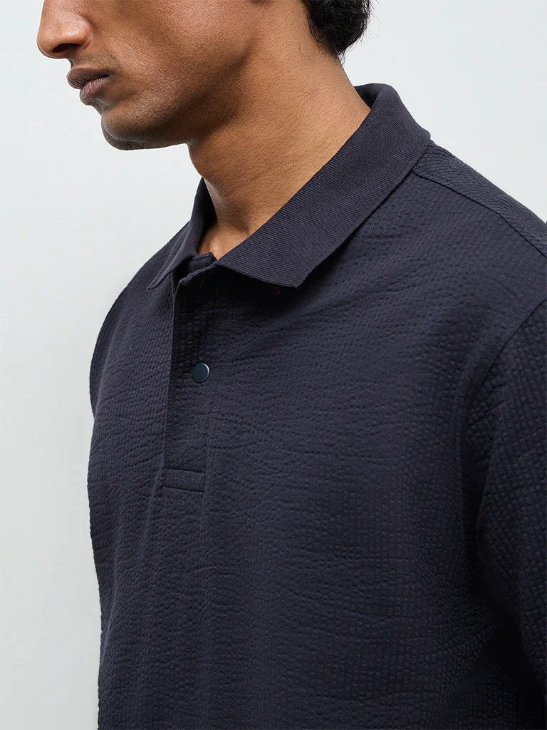 WES Casuals Navy Textured Relaxed Fit Polo T-Shirt - Image 4