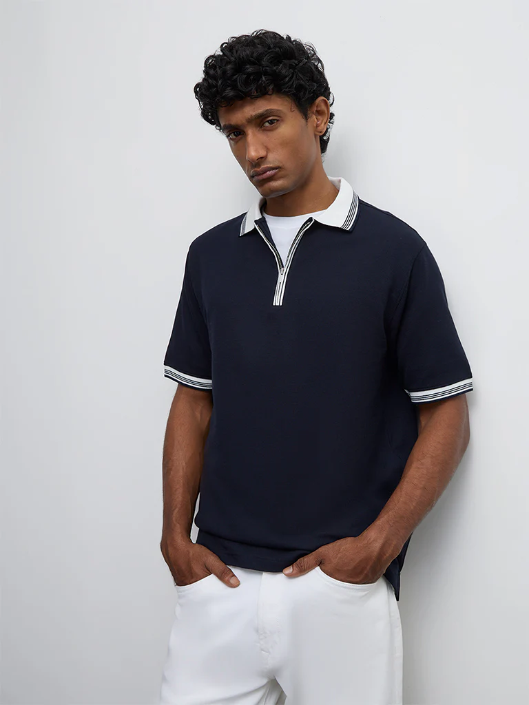 WES Casuals Navy Waffle-Textured Relaxed-Fit Quarter-Zip Polo T-Shirt