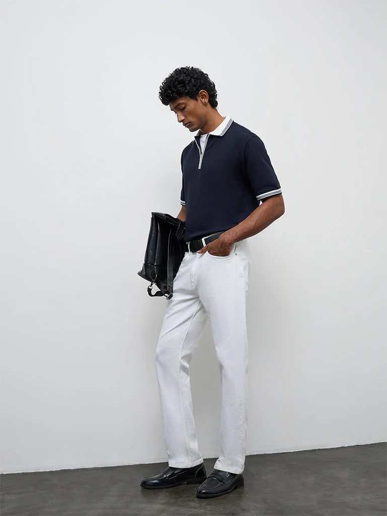 WES Casuals Navy Waffle-Textured Relaxed-Fit Quarter-Zip Polo T-Shirt - Image 3