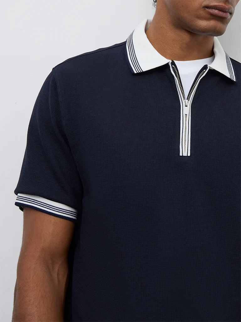 WES Casuals Navy Waffle-Textured Relaxed-Fit Quarter-Zip Polo T-Shirt - Image 4