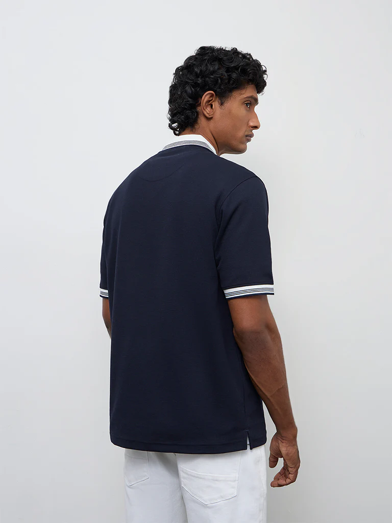 WES Casuals Navy Waffle-Textured Relaxed-Fit Quarter-Zip Polo T-Shirt - Image 5