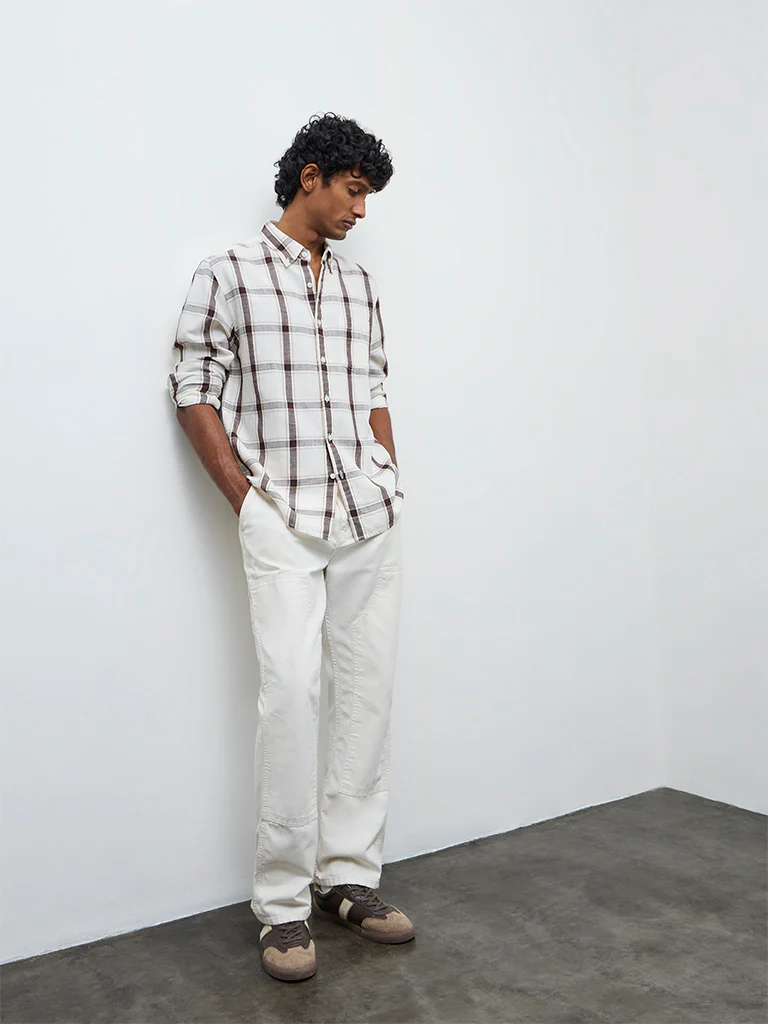 WES Casuals Off-White Check Relaxed Fit Cotton-Blend Shirt